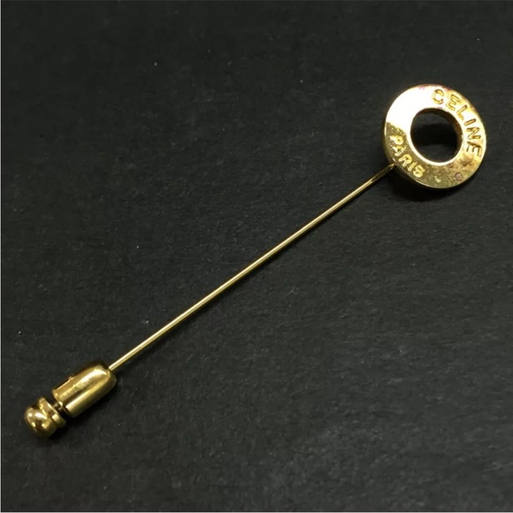 AUTH CELINE Circle Logo Gold Tone Pin Brooch - Picture 1 of 5